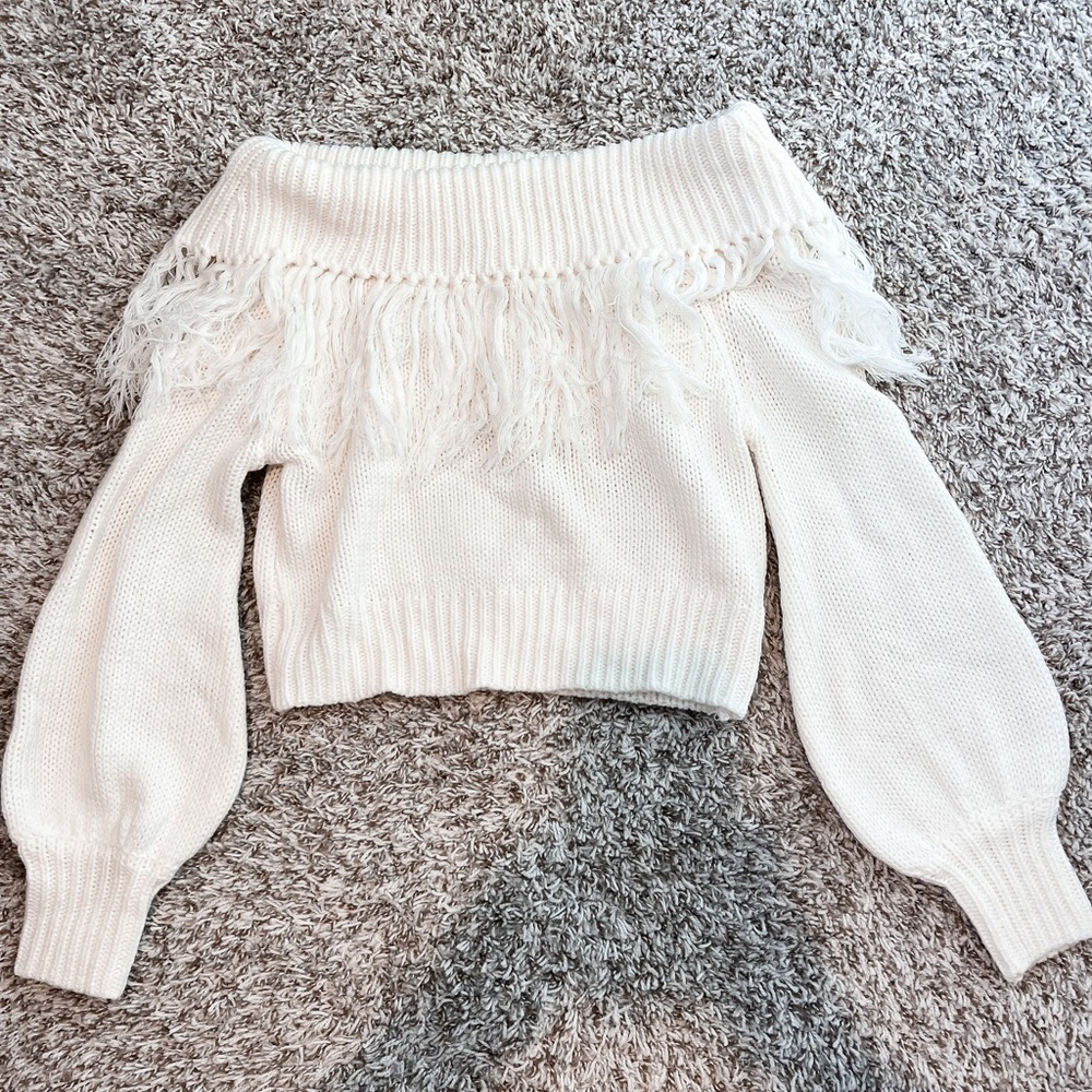 Pink Lily off the shoulder fringe sweater